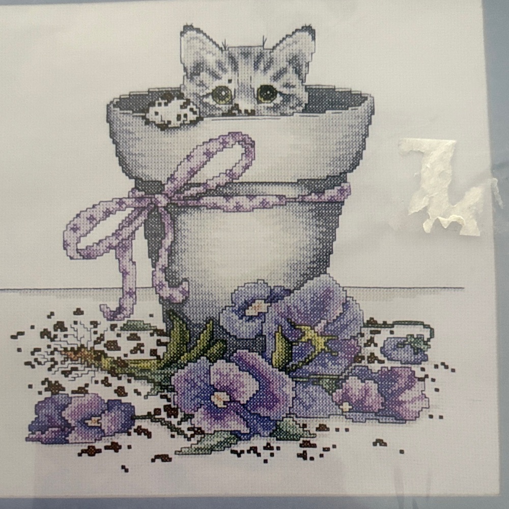 Charming Cat‎ in Pot Cross-Stitch Kit - Gray and Purple